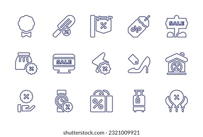 Sales line icon set. Editable stroke. Vector illustration. Containing label, popsicle, sale, price tag, skirt, online, flash sale, shoe label, discount, watch, shopping bag, suitcase, balloons.