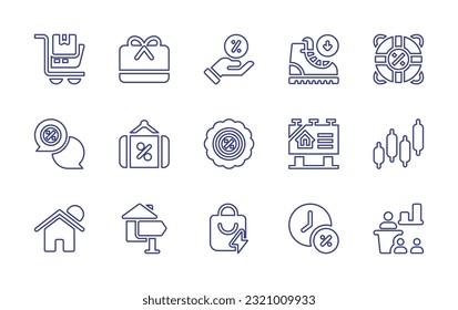 Symbol für die Verkaufszeile eingestellt. Bearbeitbarer Strich. Vektorgrafik. Mit Einkaufswagen, Geschenkkarte, Angebot, Verkauf, Lebensrettung, Konversation, Verkaufstag, Sommerverkauf, zum Verkauf, Börse, Haus, Flash-Verkauf.