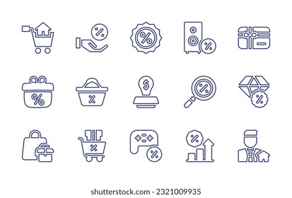 Sales line icon set. Editable stroke. Vector illustration. Containing sale, discount, speaker, gift card, gift, shopping basket, stamp, search, black friday, shopping bag, sales, gamepad, statistics.