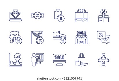 Sales line icon set. Editable stroke. Vector illustration. Containing discount, sales, shopping bag, open box, teddy bear, tshirt, sneaker, shop, revenue, graphical presentation, online shopping.