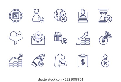 Sales line icon set. Editable stroke. Vector illustration. Containing cpu, dress, world, christmas, sale, sales funnel, email, sales, increase, money, surf board, bag, interest.