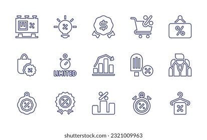 Sales line icon set. Editable stroke. Vector illustration. Containing billboard, idea, badge, discount, sales, bag, limited time, popsicle, partners, sale, chart, time.