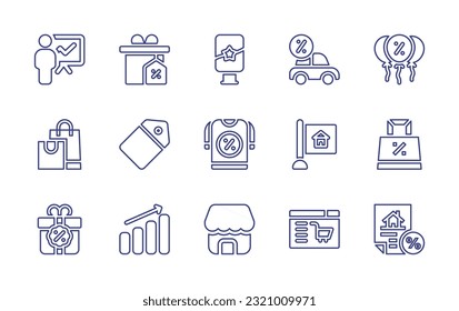 Conjunto de iconos de línea de ventas. Trazo editable. Ilustración vectorial. Contiene un gráfico de líneas, regalo, cartelera, préstamo de coches, globos, bolsa de compras, etiqueta, camiseta, señalización, bolsa, ganancia, tienda, compra en línea.