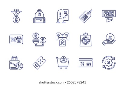 Conjunto de iconos de línea de ventas. Trazo editable. Ilustración vectorial. Conteniendo salespipeline, ventas, boleto, tarjeta de regalo, cupón, favorito, descuento, mochila, bowflags, etiqueta de precio.