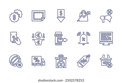 Sales line icon set. Editable stroke. Vector illustration. Containing salespipeline, sales, notificationbell, coupon, voucher, addtofavorites, promotion, lowprice, ecommerce.
