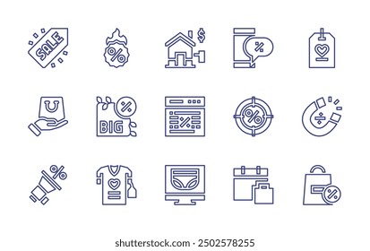 Conjunto de iconos de línea de ventas. Trazo editable. Ilustración vectorial. Contiene etiqueta de venta, compra, objetivo, teléfono inteligente, megáfono, Sitio web, ropa interior, hotdeal, camiseta, descuento, hogar, compras.