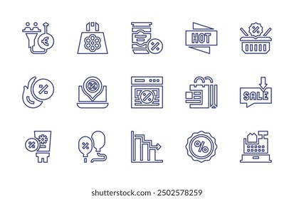 Conjunto de iconos de línea de ventas. Trazo editable. Ilustración vectorial. Conteniendo salespipeline, hotsale, ordenador portátil, disminución, protector solar, cerveza, voucher, globos, shoppingbag.