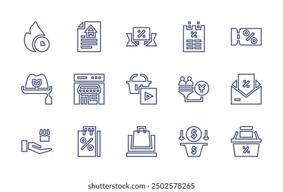 Sales line icon set. Editable stroke. Vector illustration. Containing salespipeline, contract, shoppingbasket, badge, onlineshopping, shoppingbag, online, poster, store, hat, fire.