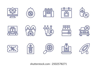 Sales line icon set. Editable stroke. Vector illustration. Containing salespipeline, hotsale, flipflops, beer, car, gift, discount, computer, purchase, shopping.