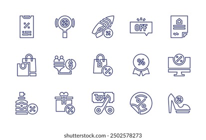 Sales line icon set. Editable stroke. Vector illustration. Containing salespipeline, sale, surfboard, discount, coupon, computer, highheels, gift, offer, sticker, contract.