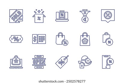 Sales line icon set. Editable stroke. Vector illustration. Containing salespipeline, springsales, digitalmarketing, pamela, shoppingbag, laptop, openbox, voucher, discount, open.