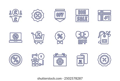 Conjunto de iconos de línea de ventas. Trazo editable. Ilustración vectorial. Conteniendo venta, ventas, descuento, cupón, cesta de la compra, boletín, maletín, pantalones cortos, compras en línea, megáfono.