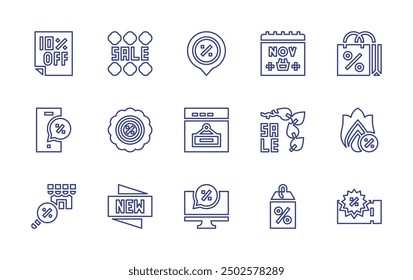 Conjunto de iconos de línea de ventas. Trazo editable. Ilustración vectorial. Contiene venta de verano, venta, ventas, marcador de posición, hojas, búsqueda, descuento, descuento en línea, blackfriday.