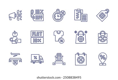 Sales line icon set. Editable stroke. Vector illustration. Containing clothes, giftbag, calculator, shoppingbag, percent, limitedtime, pricetag, discount.