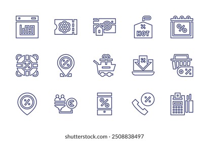 Sales line icon set. Editable stroke. Vector illustration. Containing discount, photocamera, shoppingbasket, placeholder, label, calendar, ticket, shoppingcart.