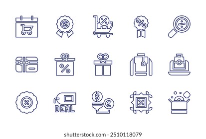 Conjunto de iconos de línea de ventas. Trazo editable. Ilustración vectorial. Contiene tarjeta de regalo, carrito de compras, caja de regalo, descuento, calendario, búsqueda, etiqueta, jersey, compras, regalo.