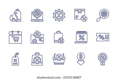 Sales line icon set. Editable stroke. Vector illustration. Containing hotsale, sun, lowprice, box, calendar, label, discount, basket, laptop, shoppingbag, wallet, cart.