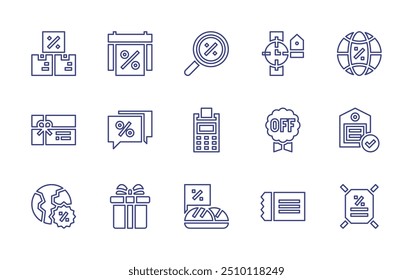 Conjunto de ícones da linha de venda. Traçado editável. Ilustração vetorial. Contendo vendas, bate-papo, presente, relógio de pulso, posterminal, calendário, ingresso, cartaz, desconto, pesquisa.