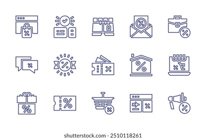 Symbolsatz für Verkaufspositionen Bearbeitbarer Strich. Vektorgrafik. Mit Verkauf, Verkauf, Rabatt, Gutschein, Warenkorb, Newsletter, Aktentasche, Shorts, Shopping online, Megaphon.
