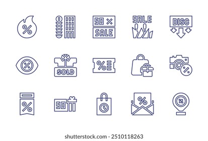 Conjunto de iconos de línea de ventas. Trazo editable. Ilustración vectorial. Conteniendo venta, hotsale, ventas, descuento, shoppingbag, tiempo, vendido, ojo, correo electrónico, cámara.