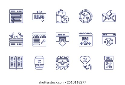 Conjunto de iconos de línea de ventas. Trazo editable. Ilustración vectorial. Contiene venta en línea, descuento, acciones, en línea, bolso, dinero, tarjeta de crédito, catálogo, blackfriday, globo.