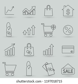 Sales line icons set, outline design. Money growth, graph, dolar growth, ticket on sale, sale tag, chart. Thin line vector set of signs for infographic, logo, app development and website design