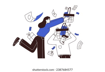 Sales lineart concept. Consumer catch discounts, collect gift in basket, cart. Customer motivation. Online shopping. Shopaholic make purchase. Marketing flat isolated vector illustration on white