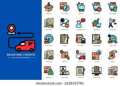 Sales and logistic colored icons set. contain credit card, delivery man, data graph, online store, feedback and more. use for modern concept, print, UI, UX kit, web and app development. Vector EPS 10
