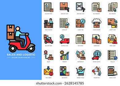 Sales and logistic colored icons set. contain account info, barcode scan, bill payment, delivery man, route and more. use for modern concept, print, UI, UX kit, web and app development. Vector EPS 10