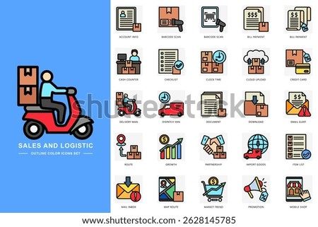Sales and logistic colored icons set. contain account info, barcode scan, bill payment, delivery man, route and more. use for modern concept, print, UI, UX kit, web and app development. Vector EPS 10