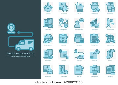 Sales and logistic dual tone color icons set. contain credit card, delivery man, data graph, online store and more. use for modern concept, print, UI, UX kit, web and app development. Vector EPS 10