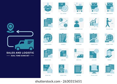 Conjunto de ícones de cores de tons duplos para vendas e logística. contém cartão de crédito, entregador, gráfico de dados, loja online e muito mais. use para conceito moderno, impressão, interface do usuário, kit UX, web e desenvolvimento de aplicativos. Vetor EPS 10