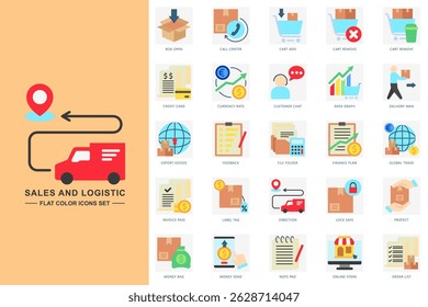 Sales and logistic flat color icons set. contain credit card, delivery man, data graph, online store and more. use for modern concept, print, UI, UX kit, web and app development. Vector EPS 10