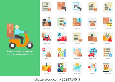 Sales and logistic flat color icons set. contain account info, barcode scan, bill payment, delivery man and more. use for modern concept, print, UI, UX kit, web and app development. Vector EPS 10