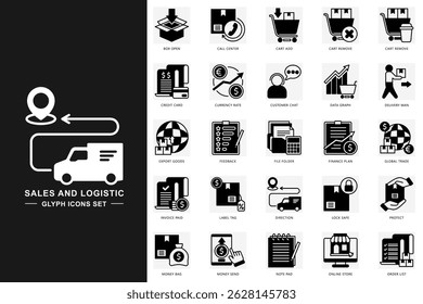 Sales and logistic glyph icons set. contain credit card, delivery man, data graph, online store, feedback and more. use for modern concept, print, UI, UX kit, web and app development. Vector EPS 10