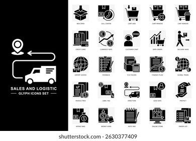 Conjunto de ícones de glifos de vendas e logística. contém cartão de crédito, entregador, gráfico de dados, loja online, comentários e muito mais. use para conceito moderno, impressão, interface do usuário, kit UX, web e desenvolvimento de aplicativos. Vetor EPS 10