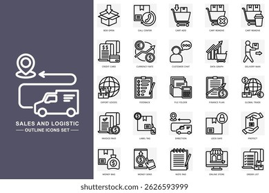 Sales and logistic outline icons set. contain credit card, delivery man, data graph, online store, feedback and more. use for modern concept, print, UI, UX kit, web and app development. Vector EPS 10