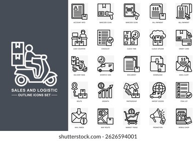 Sales and logistic outline icons set. contain account info, barcode scan, bill payment, delivery man, route and more. use for modern concept, print, UI, UX kit, web and app development. Vector EPS 10