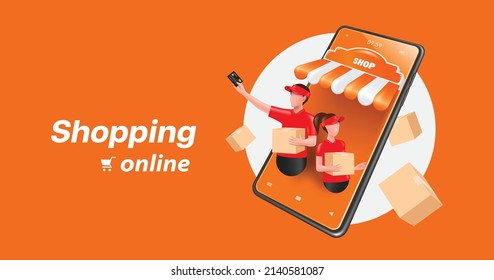 sales man and women standing to hold merchandise boxes or parcels and inviting them to use online shopping services on smartphone shop,vector character 3d for online shopping and delivery concept
