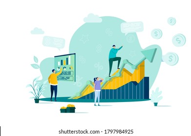 Sales management concept in flat style. Manager analyzing growing chart scene. Developing sales force, coordinating sales operations. Vector illustration with people characters in work situation.