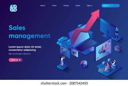 Sales Management Concept Isometric Landing Page. Team Analyzes Financial Data, Develops Successful Marketing Strategy, 3d Web Banner Template. Vector Illustration With People Scene In Flat Design