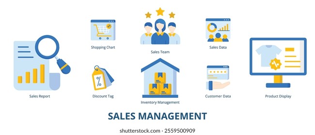 Sales Management Flat Banner Web Icon Set Vector Illustration