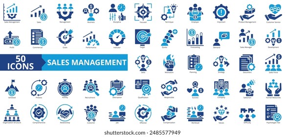 Conjunto de colecciones de iconos de gestión de ventas. Conteniendo negocios, disciplina, enfoque, técnica, empleador, importante, icono de producto. Sencillo Vector plano.