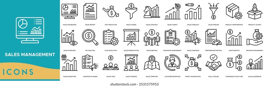 Ícone Gerenciamento de vendas. Painel de Instrumentos de Vendas, Relatório, Redução de Custos, Funil de Vendas e Estratégia de Vendas