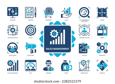 Sales Management icon set. Business Process, Commerce, Strategy, Planning, Personal Selling, Forecasting, CRM. Duotone color solid icons