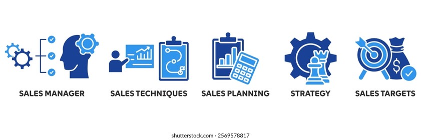 Sales Management icon set illustration concept with icon of sales management, sales techniques, sales planning, strategy, targets