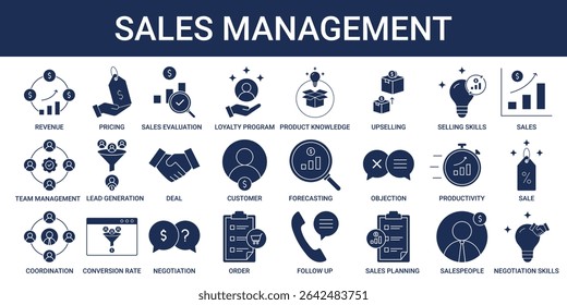 Conjunto de iconos de gestión de ventas con Precios, programa de lealtad, habilidades de venta, ventas e icono de ingresos 