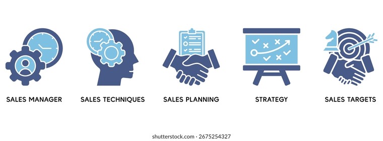 Sales management icon set vector illustration concept relate to manager, sales techniques, planning, strategy, and targets
