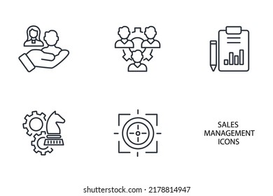 Iconos de administración de ventas establecidos. Símbolo de paquete de administración de ventas vectores para web infográfica