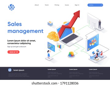 Sales management isometric landing page. Developing sales force, coordinating sales operations and data analysis isometry web page. Website flat template, vector illustration with people characters.